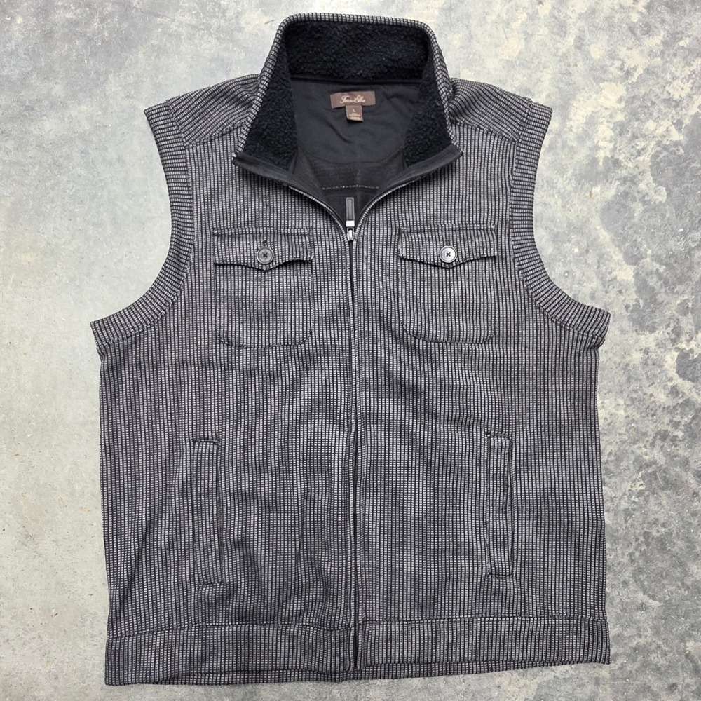 Tasso‎ Elba Mens Vest L Large Full Zip Mock Neck Pockets Gray Black Striped